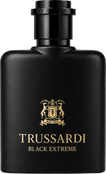 Trussardi Black Extreme perfumy, matowy czarny flakon ze złotym logo, widok z przodu. Eleganckie nuty skóry.