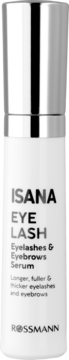 Białe serum ISANA EYE LASH do rzęs i brwi z srebrną nakrętką, widok z przodu, dla dłuższych, gęstszych rzęs.