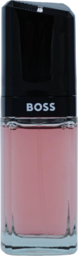 Hugo Boss Ma Vie woda perfumowana w szklanej butelce, różowy płyn, czarny korek, napis BOSS, widok z przodu.