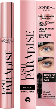 Różowa tubka tuszu L'Oréal Lash Paradise, czarny, obok pudełka z hasłami o objętości i wydłużeniu rzęs.