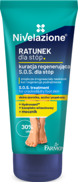 Turkusowa tubka Nivelazione RATUNEK S.O.S. do stóp, 30% mocznika, na zrogowaciałą, suchą i pękającą skórę.