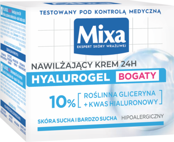 Mixa Hyalurogel Bogaty, krem nawilżający 24H do suchej skóry, białe opakowanie z niebieskim logo, widok z przodu.
