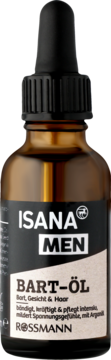 ISANA MEN BART-ÖL w bursztynowej butelce z zakraplaczem. Czarna etykieta z "Arganöl", widok z przodu.