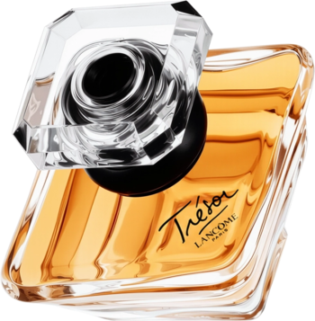 Lancome Tresor woda perfumowana, złoty flakon z fasetowanym korkiem, widok z góry na czarnym tle.
