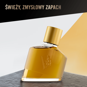 Flakon Bruno Banani Man’s Best EDT, świeży męski zapach, o ukośnym kształcie, na szaro-złotym tle.