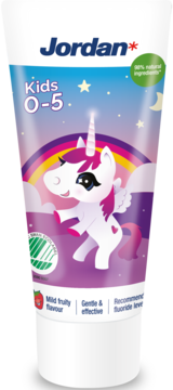 Jordan Kids 0-5 toothpaste tube, white with unicorn, rainbow. Mild fruity flavor, recommended fluoride. Front view.