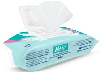 Velvet nawilżany papier toaletowy intymny 2w1, błękitne opakowanie otwarte z białymi chusteczkami.