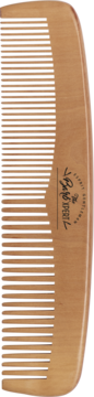 Jasny, drewniany grzebień Captain Fawcett's, dwustronny, z zębami o dwóch gęstościach, widok z przodu.