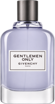 Givenchy Gentleman Only, flakon perfum męskich w liliowym kolorze, z srebrnym korkiem, widok z przodu.