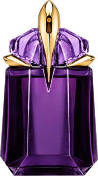 Mugler Alien damska woda perfumowana, fioletowa butelka o kształcie szlachetnego kamienia, złota nakrętka.