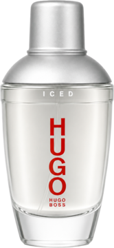 Hugo Boss Iced woda toaletowa w szklanej butelce, srebrna zakrętka, czerwone logo HUGO, widok z przodu.
