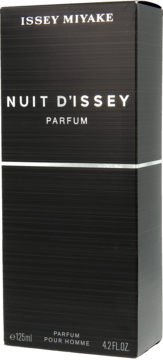 Issey Miyake Nuit d'Issey Parfum dla mężczyzn, czarne pudełko z poziomą srebrną linią, ujęcie z przodu.