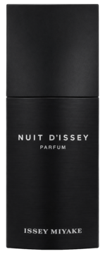 Flakon męskich perfum Nuit d'Issey Parfum Issey Miyake, czarny, matowy, z białymi napisami, widok z przodu.
