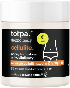 Tołpa Dermo Body Cellulite nocny turbo-krem w białym słoiku, czarna etykieta, widok z przodu. Redukuje cellulit.
