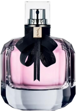 Yves Saint Laurent Mon Paris, damska woda perfumowana. Różowy, fasetowany flakon z czarną kokardką i złotym logo, ujęcie frontalne.