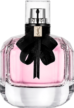 Yves Saint Laurent Mon Paris. Elegancka, fasetowana butelka perfum z różowym płynem i czarną kokardką. Widok z przodu.