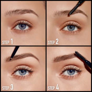 Cztery ujęcia instrukcji Max Factor Brow Shaper: modelowanie, wypełnianie brwi kredką i szczoteczką.