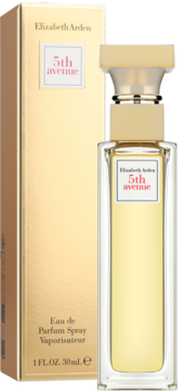 Elizabeth Arden 5th Avenue Eau de Parfum w eleganckim, złotym flakonie i pudełku, widok z przodu na jasnym tle.