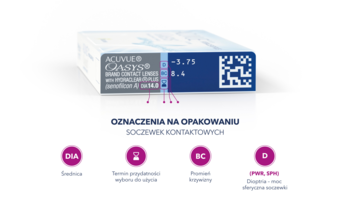 ACUVUE OASYS soczewki kontaktowe z filtrem UV, opakowanie z widocznymi oznaczeniami mocy D, BC, DIA i tekstem.
