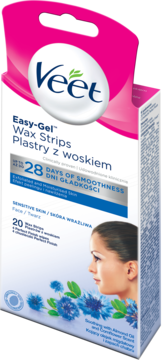 Veet Easy-Gel Wax Strips do twarzy i skóry wrażliwej, białe opakowanie z różowym topem, 28 dni gładkości.
