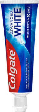 Colgate Advanced White pasta do zębów, niebieska tubka z napisem 'WHITER TEETH IN 10 DAYS', widok z przodu.
