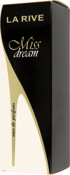 Perfumy LA RIVE Miss Dream w czarnym pudełku z falistym złotym wzorem, widok z przodu pod kątem.
