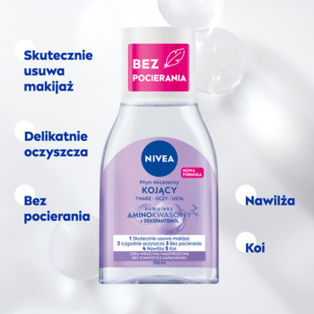 NIVEA Kojący Płyn Micelarny, fioletowa butelka z napisem 'bez pocierania', widok z przodu.