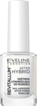 Eveline Cosmetics Revitalium After Hybrid Nail Hardener, biała butelka, widok z przodu, czarny napis.