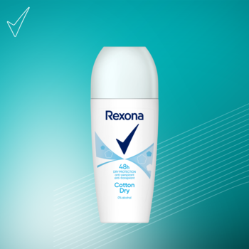 Rexona Cotton Dry antyperspirant w kulce 48h, biało-niebieska butelka, widok z przodu na turkusowym tle.