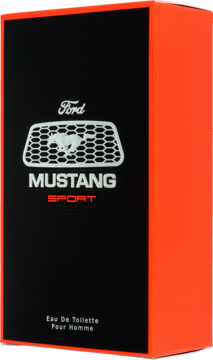Mustang Sport męska woda toaletowa w czarnym opakowaniu z logo Forda i pomarańczowym bokiem, widok z przodu pod kątem.