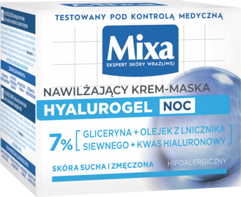 Mixa Hyalurogel Noc nawilżająca krem-maska w biało-niebieskim pudełku, widok z przodu, z napisem 7%.