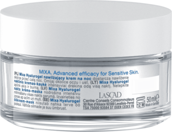 Tył słoika Mixa Hyalurogel krem-maska na noc 50ml do cery wrażliwej, etykieta z inf. o 7% kompleksie.