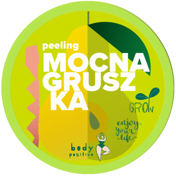 Okrągła, zielona etykieta peelingu MOCNA GRUSZKA z ilustracją gruszki, napisem 'body positive'.