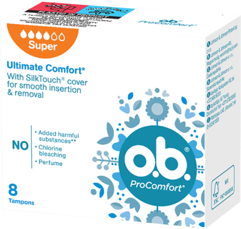 Białe opakowanie tamponów ob ProComfort Super, 8 sztuk, z napisem Ultimate Comfort i SilkTouch, widok z przodu.
