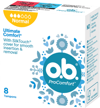 Białe pudełko tamponów o.b. ProComfort Normal, 8 szt., widok pod kątem, z żółtym wskaźnikiem Normal.