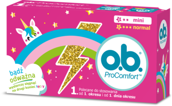 Różowe opakowanie tamponów o.b. ProComfort Mini i Normal z jednorożcem, tęczą i brokatową błyskawicą.