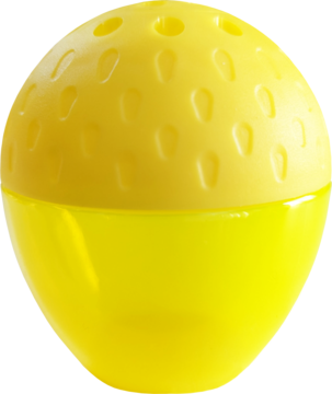 Żółta, owalna pułapka na muszki owocówki z teksturowaną górą i gładkim, przezroczystym dołem, widok z przodu.