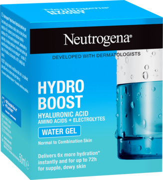 Niebieskie pudełko Neutrogena Hydro Boost Water Gel z kwasem hialuronowym i słoiczkiem, widok z przodu pod kątem.