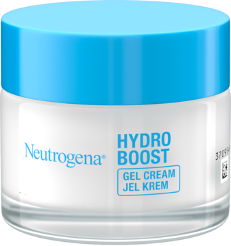 Nawilżający Neutrogena Hydro Boost Gel Cream w szklanym słoiku z jasnoniebieską nakrętką, widok z przodu.