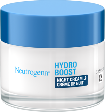 Biały słoik kremu-żelu Neutrogena Hydro Boost Night Cream z niebieską nakrętką, widok z przodu.