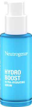 Nawilżające serum do twarzy Neutrogena Hydro Boost w przezroczystej niebieskiej butelce z pompką.