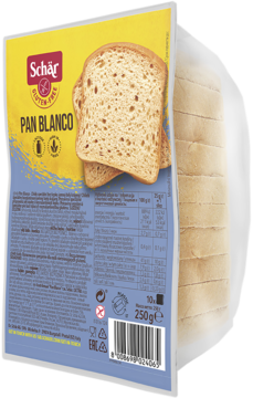 Opakowanie Schär Pan Blanco bezglutenowego chleba białego, widok pod kątem, z przodu etykieta i widoczne kromki.