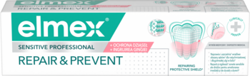 Opakowanie pasty elmex Sensitive Repair & Prevent. Białe z zielonymi i różowymi akcentami, widok z przodu.