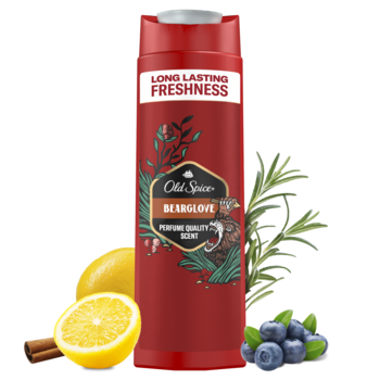 Czerwony żel pod prysznic Old Spice Bearglove z napisem "Long Lasting Freshness", cytryną i jagodami. Widok z przodu.