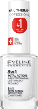 Biała butelka Eveline 8w1 Total Action Intensive Nail Conditioner, widok z przodu, #1 Nail Care Brand.