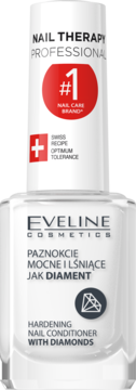 Biała butelka Eveline Cosmetics, utwardzająca odżywka do paznokci z diamentami, widok z przodu, etykieta #1.