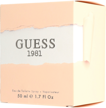 Guess 1981 Eau de Toilette 50ml w pastelowym pudełku z efektem podartego papieru, widok z przodu.