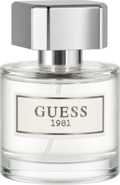 Guess 1981, kwiatowo-drzewno-piżmowe perfumy damskie w przezroczystej butelce ze srebrną nakrętką, widok z przodu.