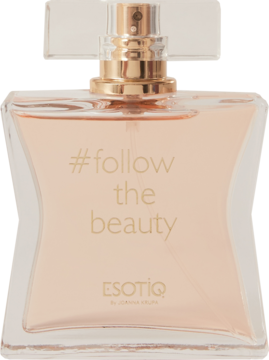 Perfumy Esotiq follow the beauty w różowej butelce ze złotym atomizerem. Zapach maliny, miodu, karmelu.