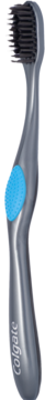 Szczoteczka Colgate 360° z aktywnym węglem, szara, z niebieskim uchwytem i czarnym włosiem, widok z boku na czarnym tle.